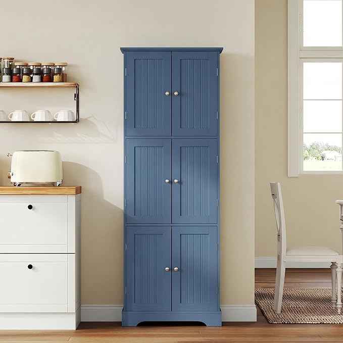 ChooChoo Tall Bathroom Storage Cabinet with 6 Doors, Freestanding Floor Cabinet with Adjustable Shelves, Blue Pantry Cabinet for Bathroom, Kitchen, Laundry Room