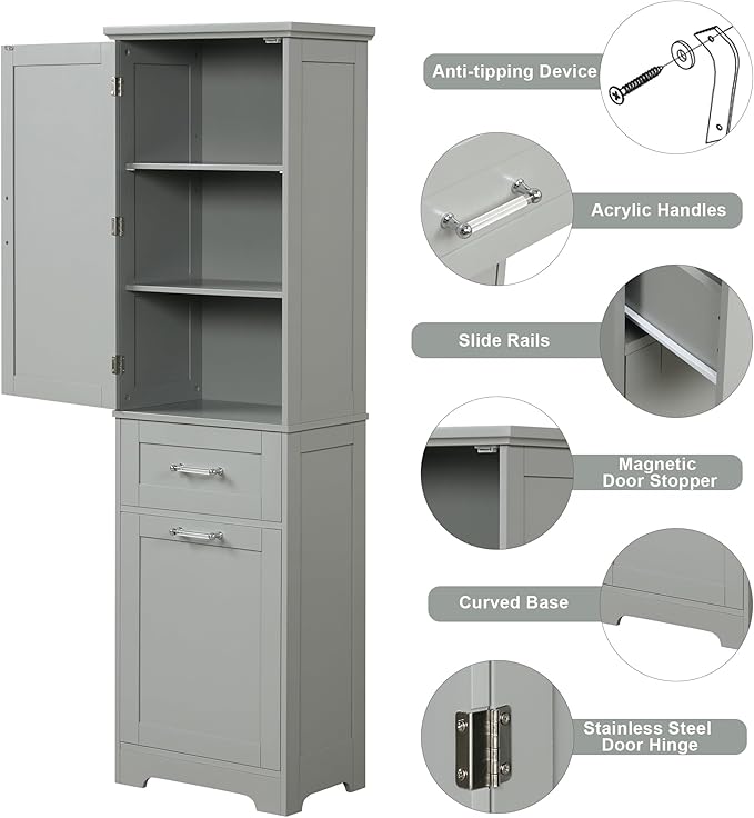 Bathroom Cabinet with Drawers and Doors, Tall Storage Display Organizer, Kitchen Pantry, Grey