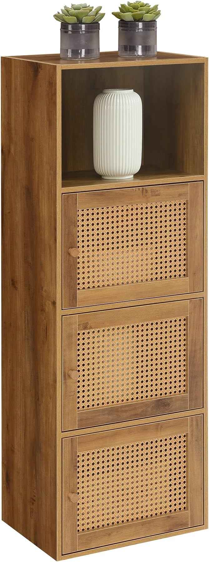 Convenience Concepts Xtra Storage Boho Weave 3 Door Cabinet 16.5" - Modern Rattan Organizer with Shelf for Living Room, Bathroom, Office, Home Library, Closet, Brown Autumn Haze/Beige Barley
