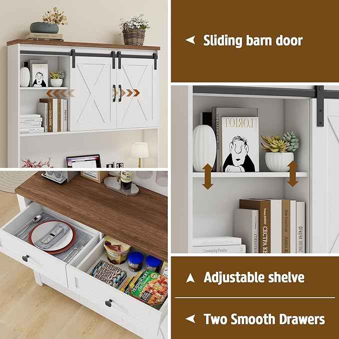 Vabches 67.7 Inch Farmhouse Pantry Storage Cabinet with Sliding Barn Doors, 2 Drawer Farmhouse Coffee Cabinet with Adjustable Shelf, Side Board with Buffet Cupboard for Kitchen, Livingroom, White