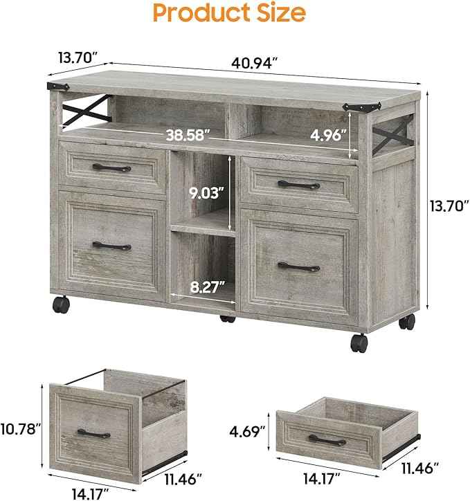 Vabches Farmhouse Filing Cabinet with Adjustable Shelf & Wheels, Lateral File Cabinets, Office Storage Cabinet with 4 Drawers and Open Storage Space, for Hanging Files Letter/A4, for Home Office.Grey