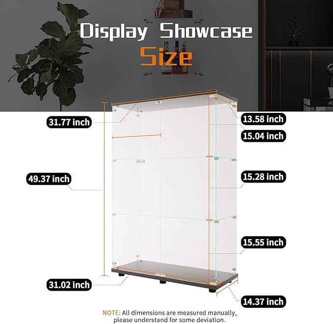 Beauty4U 2 Doors Glass Display Cabinet with 3 Shelves, Curio Cabinets for Living Room, Bedroom, Office, Black Floor Standing Glass Bookshelf, Quick Installation