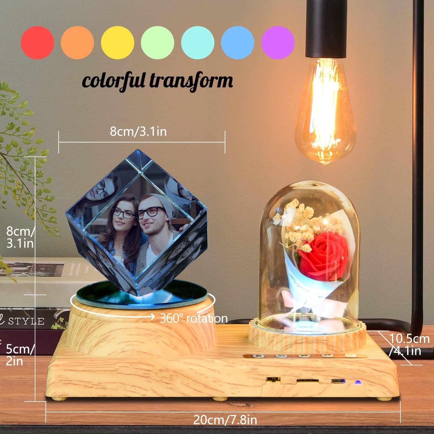 Personalize Your Photo Crystal Night Light with Music Bluetooth Rose Idea Gifts for Christmas Kids Boys & Girls Women Birthday Gifts with Led Colourful Light Base