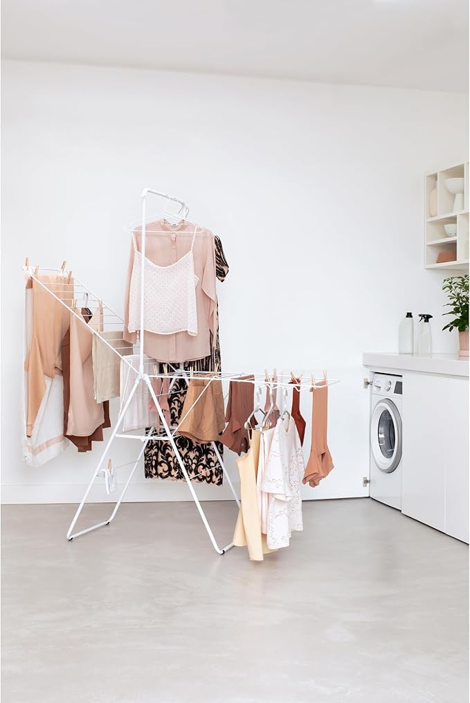 Brabantia HangOn Clothes Drying Rack with Garment Rail | 82ft (25m) | White | Large Indoor Clothes Airer Laundry Stand with 2 Fold-Out Wings & Hanger Hooks, Folds Flat | Fits 3 Full Loads