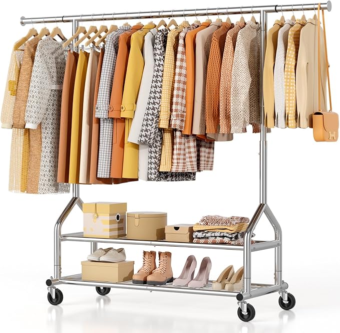 EAGMAK Heavy Duty Clothes Rack Load 556 LBS, Rolling Clothing Rack With Shelves, Height Adjustable Metal Clothes Hanger with Wheels Portable Wardrobe Organizer Garment Rod for Hanging Clothes (Silver)