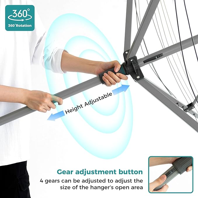 JS HANGER Umbrella Clothesline Outdoor, Height Adjustable Rotary Clothes Drying Rack 131Feet/45m Retractable Clothesline Dryer with 4 Arms