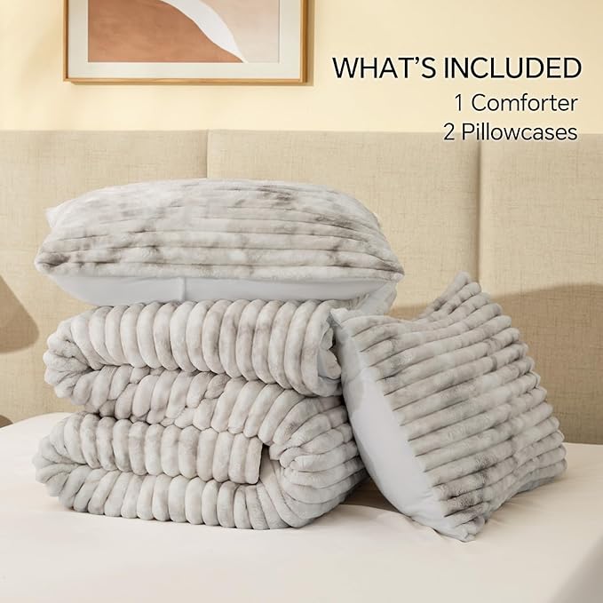 BEDELITE Fleece King Comforter Set -Super Soft & Warm Fluffy Grey&White Bedding, Luxury Fuzzy Heavy Bed Set for Winter with 2 Pillow Cases