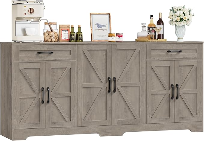 71” Large Sideboard Buffet Cabinet with Storage, Farmhouse Kitchen Buffet Cabinet with Adjustable Shelves and 6 Barn Doors, Wood Coffee Wine Bar Console Table, White, Ash Grey (Ash Grey)