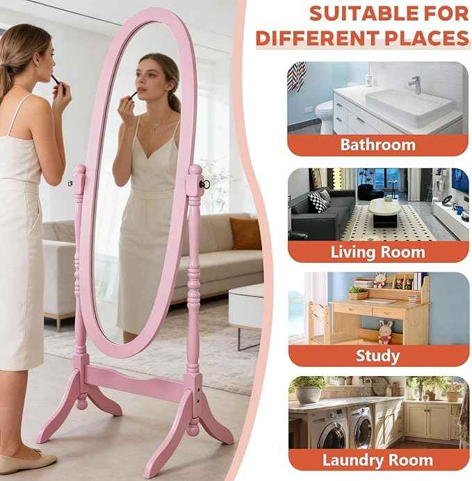 Full Length Mirror with Stand, Swivel Adjustable Oval Wood Cheval Floor Mirror, Dressing Cheval Mirror for Bedroom Livingroom, Interior Gift Idea (Pink)