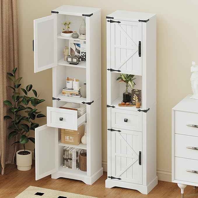 66" Tall Farmhouse Bathroom Storage Cabinet with Barn Doors and Drawer, Narrow Storage Unit, Adjustable Shelves & 5-Tier Space, Freestanding Cabinet for Bathroom, Living Room, Kitchen,Cream White