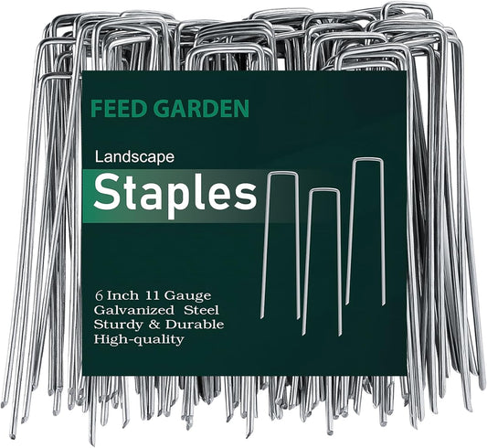 FEED GARDEN 6 Inch 300 Pack Galvanized Landscape Staples 11 Gauge Anti-Rust Garden Stakes Landscaping Fabric SOD Pins Yard Stakes for Weed Barrier Fabric