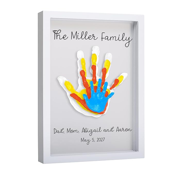 Pearhead Clear Family Handprint Frame, Gift for Moms from Kids, DIY Art Print Keepsake, Wall Home Decor, Gift for New and Expecting Parents, 4 Paint Colors Included