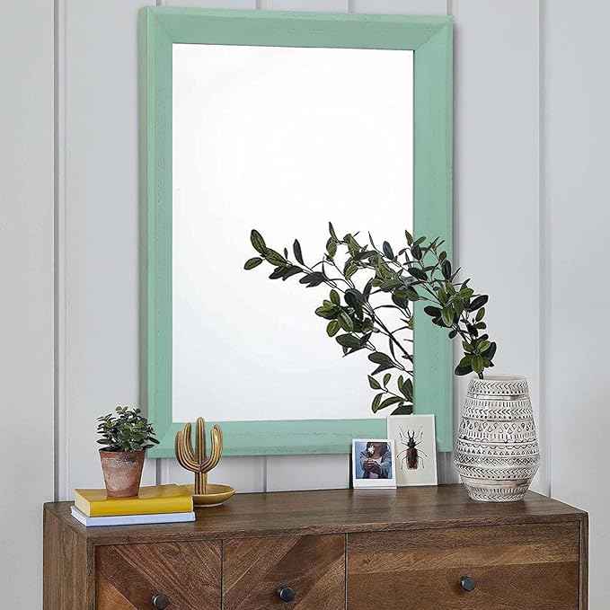 AAZZKANG Wood Framed Mirror Rectangle Modern Farmhouse Wall Mirrors Decor Large 26"x18" for Bedroom Living Room Bathroom Green