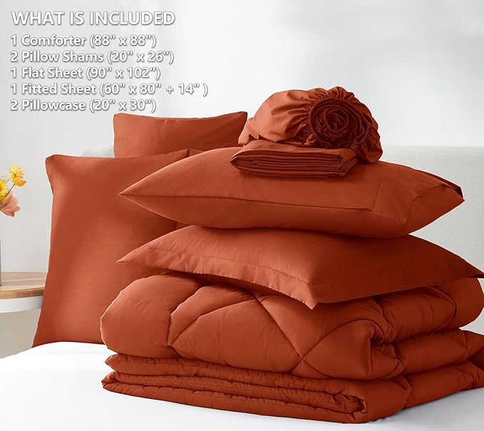 CozyLux Queen Comforter Set Burnt Orange - Bed in a Bag Queen Size 7 Pieces, Luxury Soft Bed Set for All Seasons, Bedding Set with Down Alternative Comforter, Sheets, Pillowcases & Shams, Terracotta