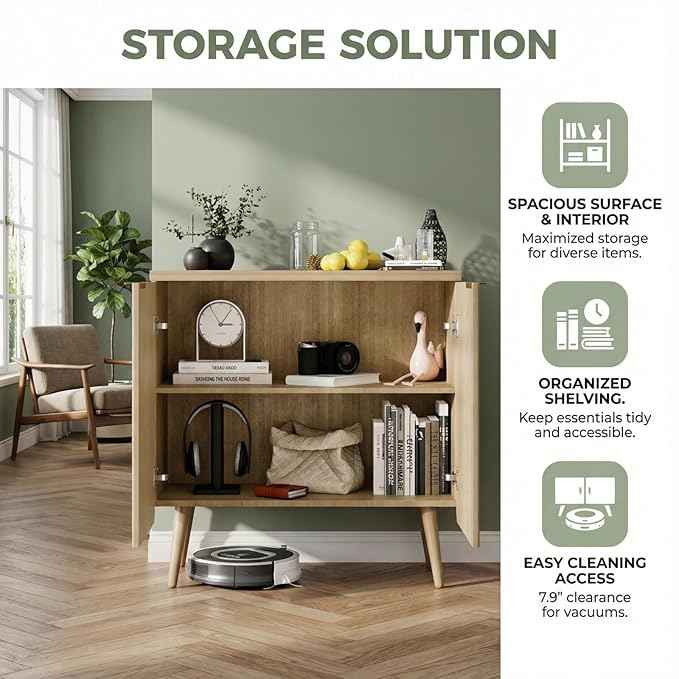 29.5" Modern Fluted Sideboard Cabinet with 2 Doors, Wood Storage Credenza with Shelves, Multi-Purpose Buffet Cabinet for Entryway, Dining & Living Room, Natural Wood