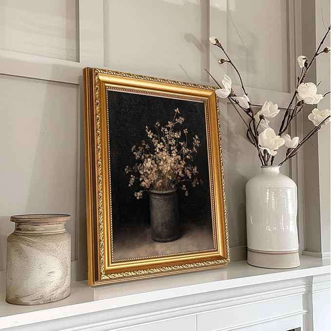 uniro Vintage Gold Framed Wall Art for Home Decor, Moody Floral Canvas Art Prints Painting for Fall Wall Decor, Retro Fall Dried Flowers Vase Wall Painting, Rustic Botonical Still Life Autumn Frame Art for Bedroom, Gallary, Living Room, Office- 11x14Inch