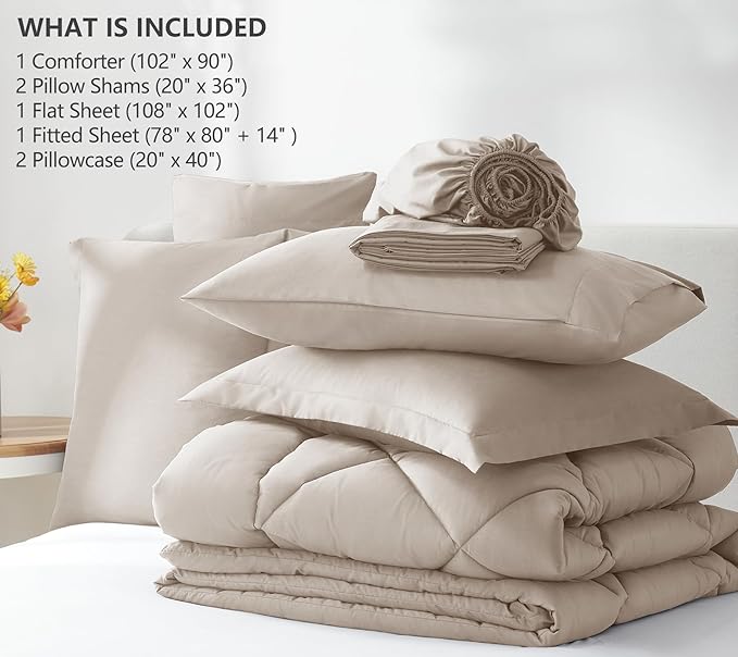 CozyLux King Size Comforter Set Linen - 7 Pieces Bed in a Bag King, Luxury Soft Bed Set for All Seasons, Bedding Set with Down Alternative Comforter, Sheets, Pillowcases & Shams