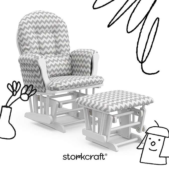 Storkcraft Premium Hoop Glider & Ottoman (White/Gray Chevron) — GREENGUARD Gold Certified Nursery Glider, Solid Wood Craftsmanship, Smooth-Gliding Nursery Chair and Ottoman, Award-Winning