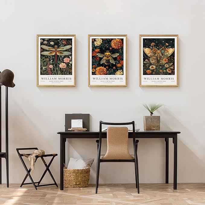 Hianan William Morris Animal Botanical Canvas Wall Art, Vintage Dragonfly Bee Butterfly Poster Prints, Maximalist Nature Flower Aesthetic Pictures for Living Room Bedroom Wood Framed 12"x16"x3