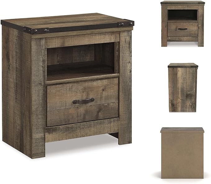 Signature Design by Ashley Trinell Rustic 1 Drawer Nightstand, USB Charing, Storage Cubby, Nailhead Accents, Wood, 24.72" W x 16.18" D x 26.22" H, Warm Brown