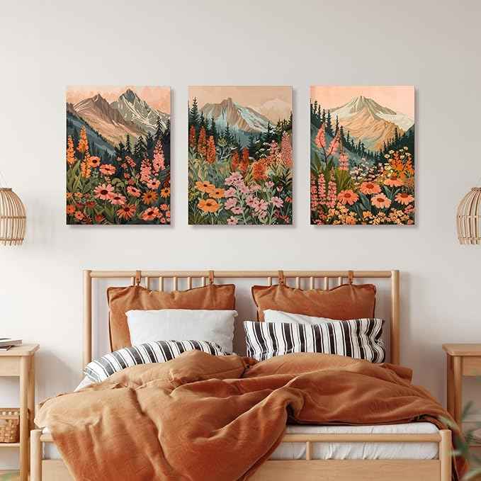Cyebmo Framed Mountain Wildflower Wall Art Set of 3, Sunset Daisy Flower Wall Decor, Colorful Wildflower Canvas Painting, Nature Botanical Landscape Artwork for Bedroom Living Room 12x16 Inch