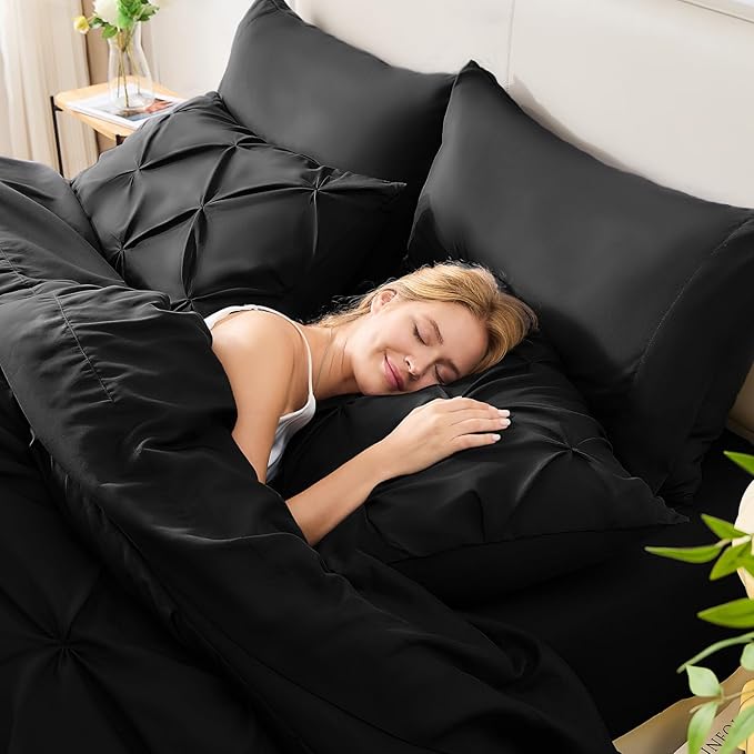 CozyLux Oversized Queen Comforter Sets Black, 7 Pieces Oversized Queen Pintuck Bed in A Bag, Pinch Pleat Bedding Sets with All Season Comforter, Flat Sheet, Fitted Sheet, Pillowcases & Shams