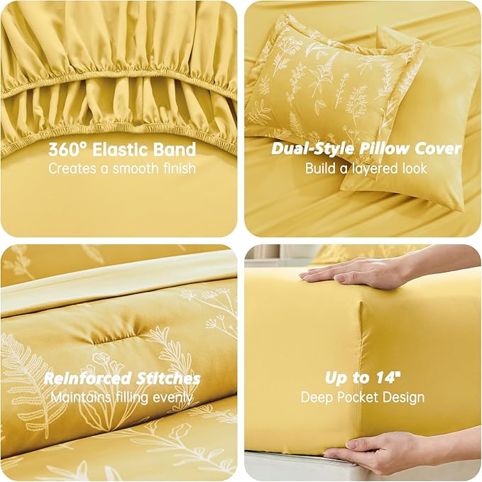 MUXHOMO Bright Yellow Bed in a Bag King 7 Pieces, King Comforter Set Reversible Botanical Flowers Design, Ultra Soft & Breathable Bedding Sets with Comforter, Sheets, Pillowcases & Shams