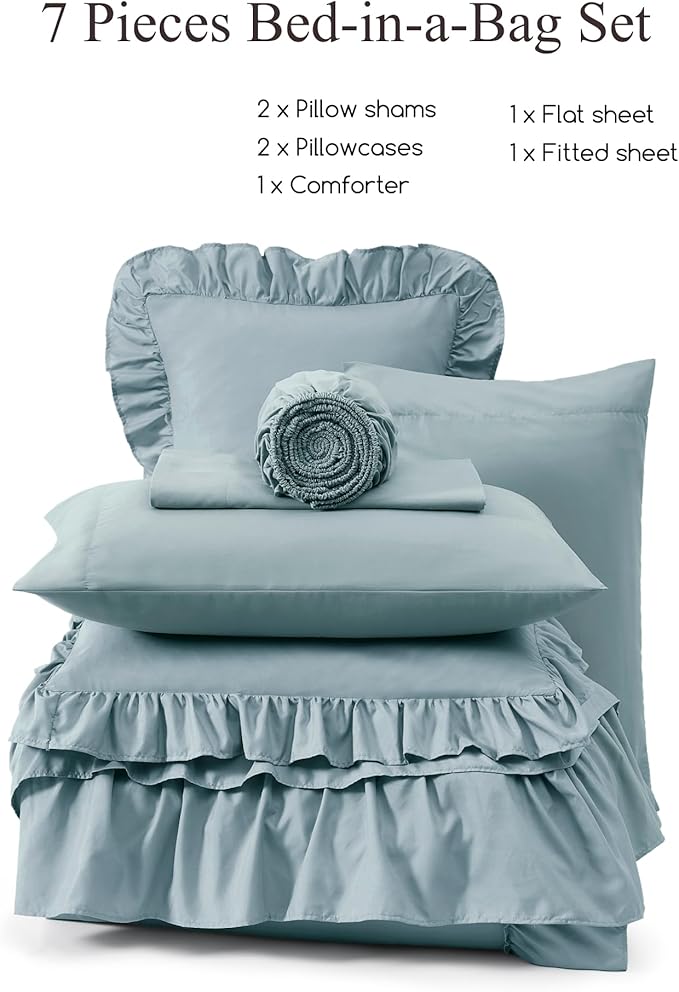 Full Comforter Set Dusty Blue, Ruffle Shabby Chic Bedding Set Farmhouse 7 Pieces, All Season Fluffy Bed in a Bag with Sheets, Pillowcases & Shams