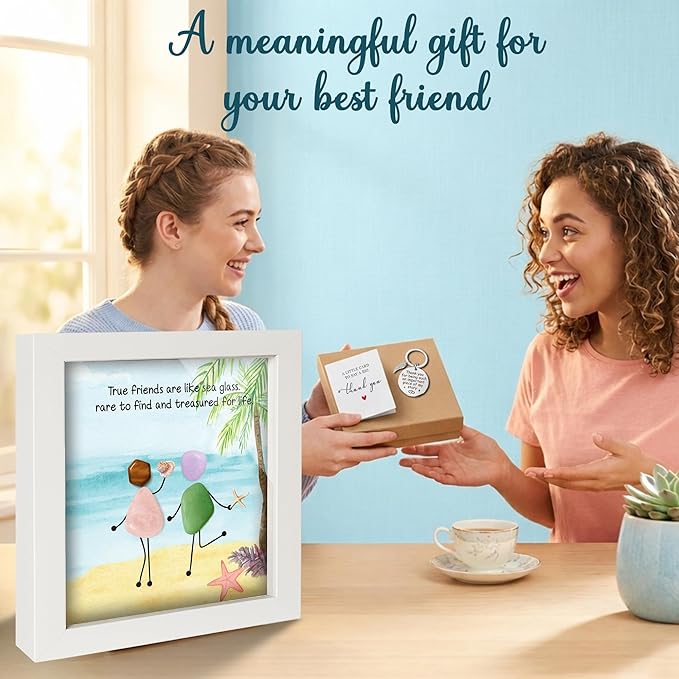 Friendship Birthday Gifts for Women, 5.5" Sea Glass Art Frame Best Friend Wall Art Decor, Engraved Bestie Keychain, Thank You Card, Appreciation Presents for Her Sisters, BFF, Besties, Friends S94-55