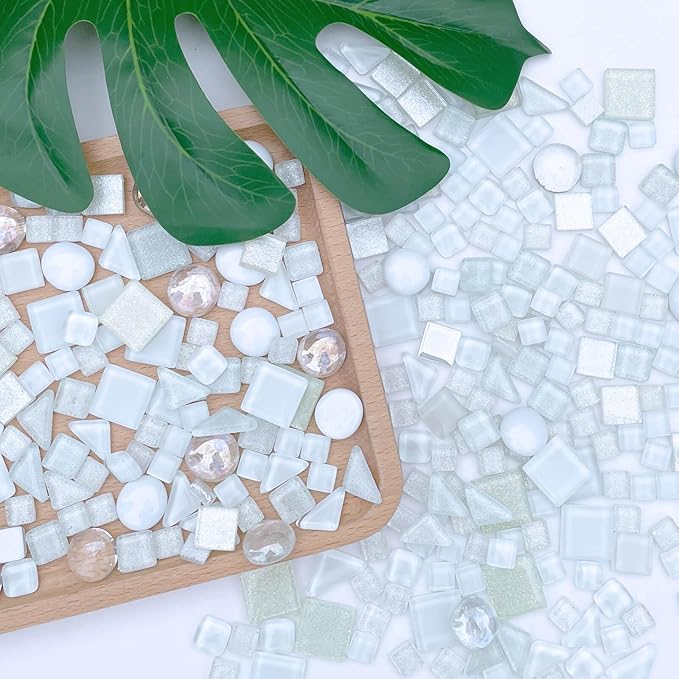 LITMIND 1.1 LB White Irregular Glass Mosaic Tiles with Backing, Assorted Mosaic Shapes for Creative Crafts – Ideal for Adult Mosaic Kits, Puzzles, and Artwork Projects