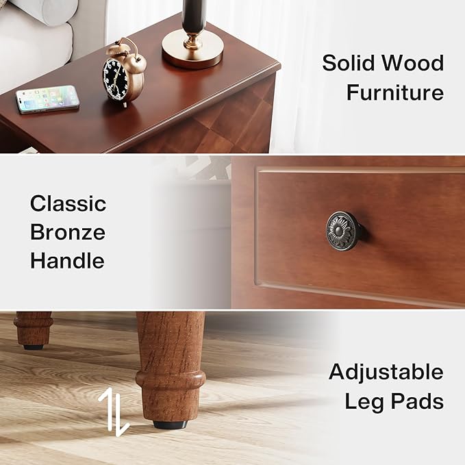 LITTLE TREE Fully Assembled End Table, Set of 2 Narrow Side Table with 3 Drawers, Pre-Assembled Nightstand Slim Bedside Table for Small Spaces, Living Room, Bedroom, Brown