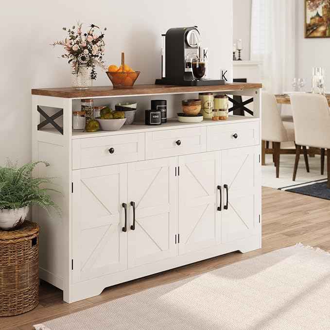 Farmhouse Buffet Cabinet with Drawers & Open Shelf, Sideboard Storage Cabinet, Kitchen Hutch Pantry, Wood Coffee Bar Station for Kitchen, Living Room, Hallway, 52" L White