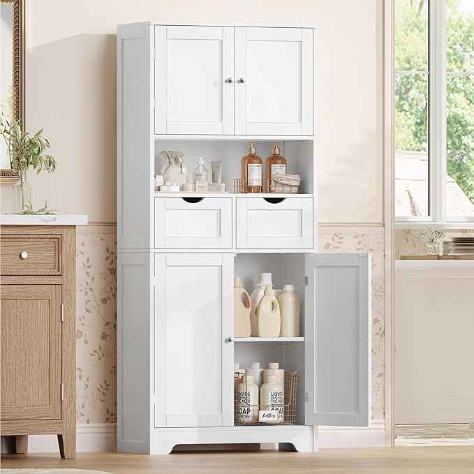 Iwell Tall Storage Cabinet with Adjustable Shelf & 2 Drawers, Kitchen Pantry Cabinet, Pantry Cabinets with 4 Doors, Tall Cabinets for Living Room, Kitchen, Bathroom, White