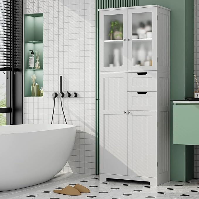 67'' Tall Bathroom Storage Cabinet, Linen Cabinet with Glass Doors and Adjustable Shelves, Kitchen Pantry with 2 Drawers for Bathroom, Living Room, Dining Room, White