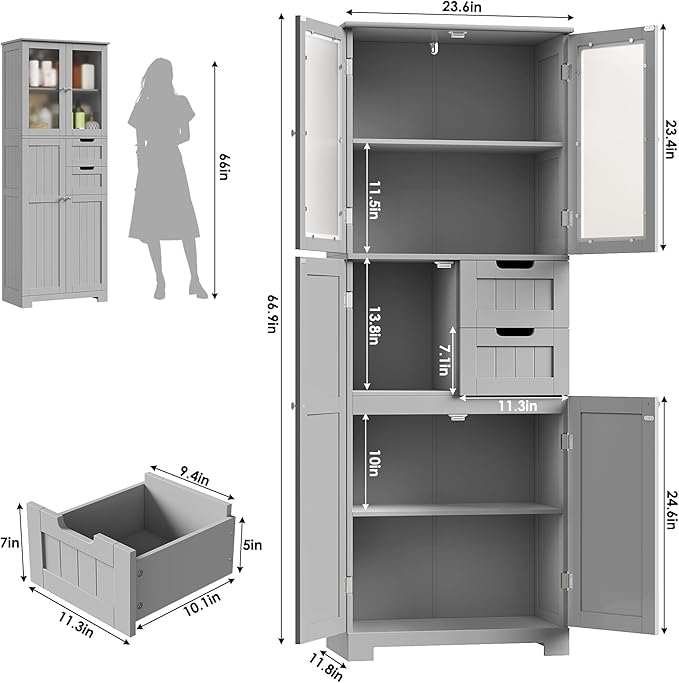 67'' Tall Bathroom Storage Cabinet, Kitchen Pantry Cabinet with Glass Doors and Adjustable Shelves, Kitchen Cupboard with 2 Drawers for Bathroom, Dining Room, Grey