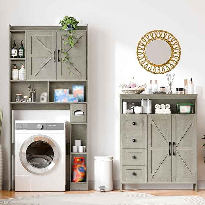 Farmhouse Storage Cabinet with 2 Doors and 4 Drawers, Freestanding Bathroom Storage Cabinet Kitchen Pantry Cabinet, Floor Cabinets Hutch Cupboard for Kitchen/Living Room/Bathroom.Grey Oak.