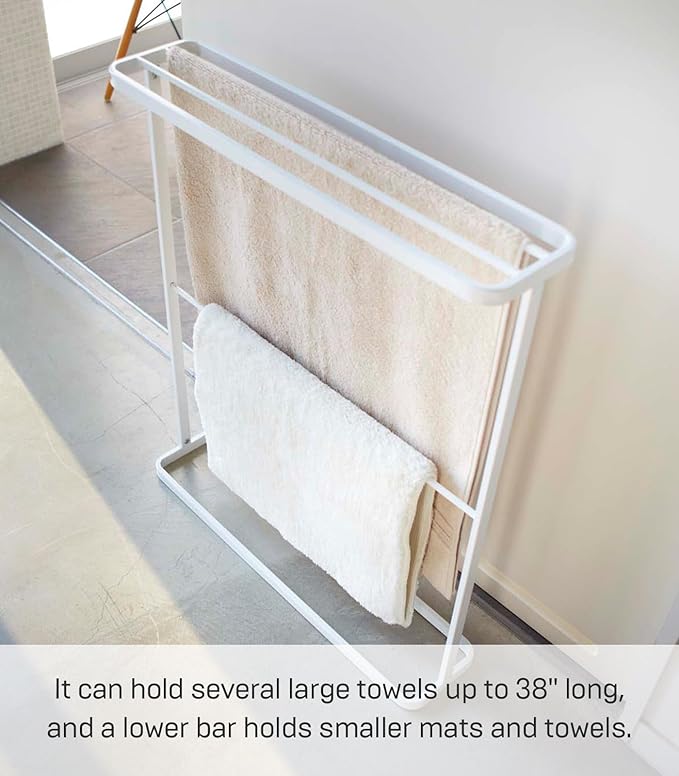 Yamazaki Home Tower Bath Towel Hanger - Bathroom Organizer Storage Holder Dry Rack, 30" - Steel - Holds Towels Up to 24.5" X 58"