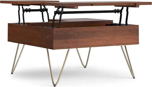 SIMPLIHOME Hunter Lift Top Coffee Table - 32 inch Wide Solid Mango Wood Industrial Square Cocktail Table in Umber Brown, Living Room Table with Dual Lift Tops, Hidden Storage and Gold Hairpin Legs