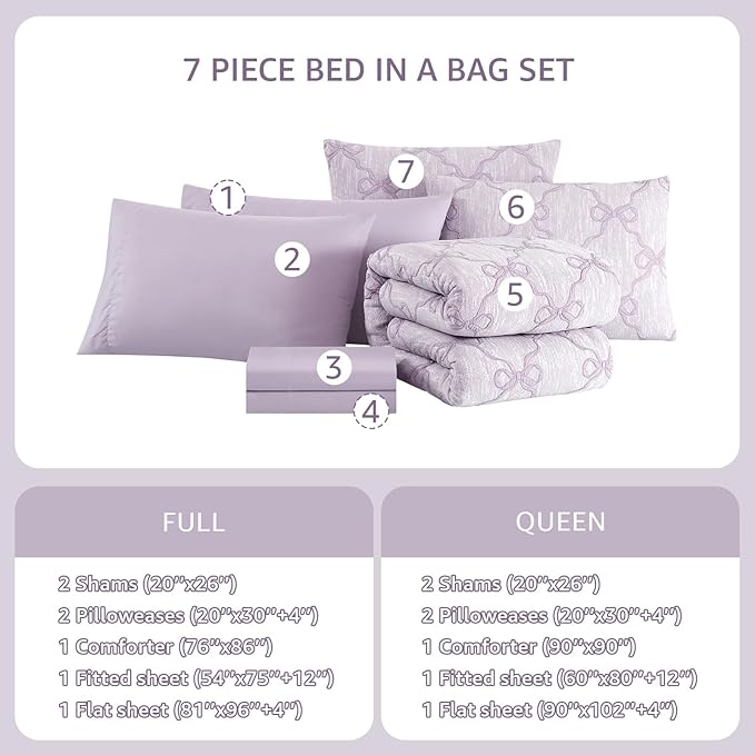 Full Size Comforter Sets with Sheets for Girls-7 Pieces Full Size Bedding Sets with Light Purple Comforter, Sheets, Pillowcases & Shams for Kids (Purple Diamond, 76" X 86")