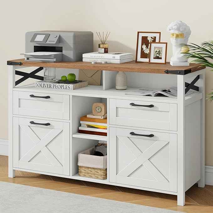 Vabches Farmhouse Filing Cabinet with Adjustable Shelf for Home Office, Lateral File Cabinets 4 Drawers with Open Storage Shelf, Filing Organization Storage Cabinets for Hanging Files Letter/A4