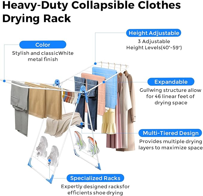 Gullwing Clothes Drying Rack,Foldable Laundry Drying Racks with Shoe Rack, Free-Standing Large Standing Airer, with Height-Adjustable Wings for Indoor Outdoor Use, Laundry Room, Balcony