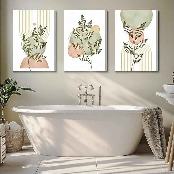 3Pcs Framed Sage Green Boho Canvas Wall Art Modern PinkBotanical Posters Print Abstract With Leafr Pictures Wall Decoration For Living Room Bedroom Bathroom