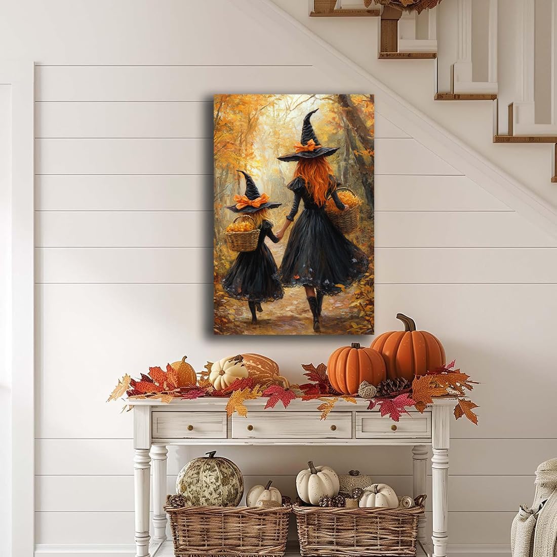 Mother Witch And Child Daughter Witch Wall Art,Halloween Autumn Woodland Forest Path Picture,Family Room Nursery Playroom Kids Room Decor,24"x36" Unframed