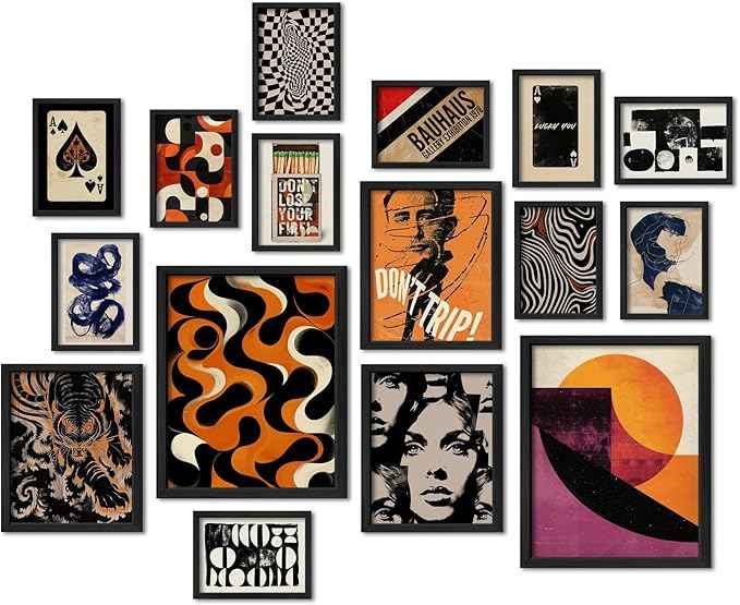 16 PCS Retro 70s Wall Art Decor, Eclectic Vintage Gallery Wall Prints for Bedroom, Abstract Minimalist Posters for Living Room Aesthetic, Collage Kit Pictures, 60s 80s 90s Dorm Home Decor