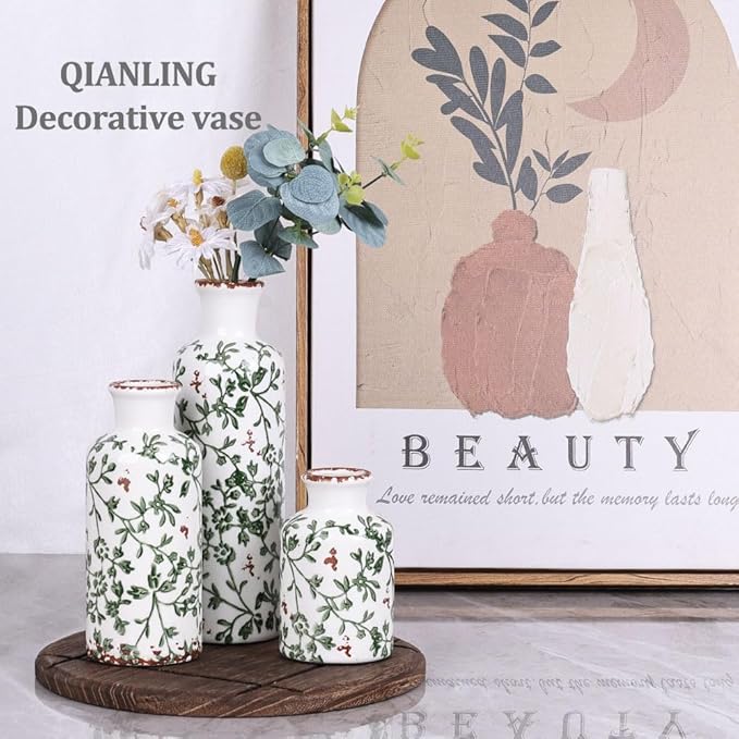 Green Ceramic Vase Set - 3 Chinoiserie Green Floral Vases, Farmhouse Country Flower Vase Home Decor, Living Room Decoration, Table Decoration, Fireplace Decor, and Entrance Decorations Centerpiece