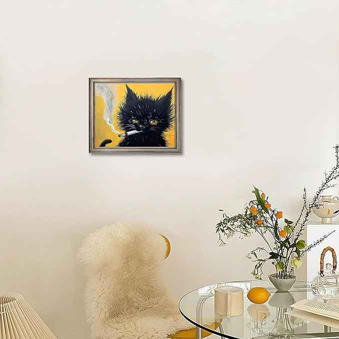 Vintage Framed Wall Decor Black Cat Painting Cat Portrait Wall Art Canvas Print Poster for Mens Room Bathroom Decor