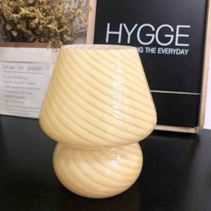 Glass Mushroom Bedside Table Lamp, Yellow Translucent Murano Vintage Style Striped Small Nightstand Desklamp Swirl Light for Home Decor, Dining, Living, Bedroom, Gift (Stripe Yellow)
