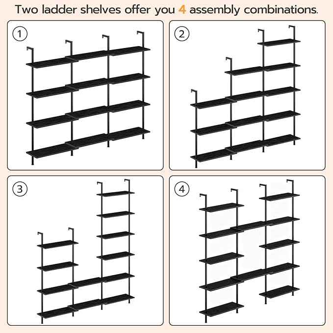 HOOBRO DIY Ladder Shelf, 6-Tier Wall Mounted Bookshelf, Office Vertical Bookcase, Wooden Storage Shelves for Home Office, Bedroom, Black BB65CJ01