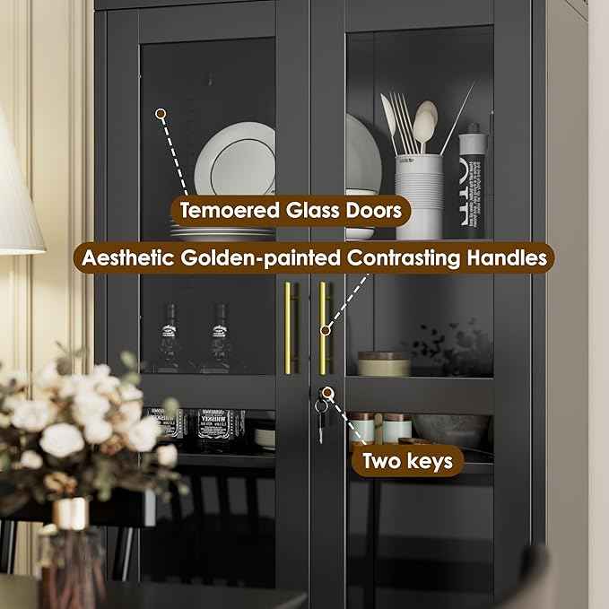Metal Arched Cabinet with Lock,Arched Display Cabinet with Glass Doors and Shelves,Kitchen Pantry Cabinet for Dining Room, Home,Assembly Required (Black)