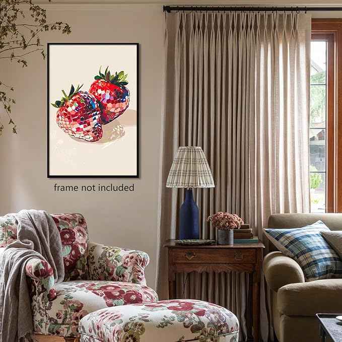 Funky Red Strawberry Disco Wall Art,Trendy Disco Ball Poster For Girls Room, Coquette Strawberries Picture Print, Art Fruit Poster For Home Bedroom Dorm wall Decor 12x16in Unframed